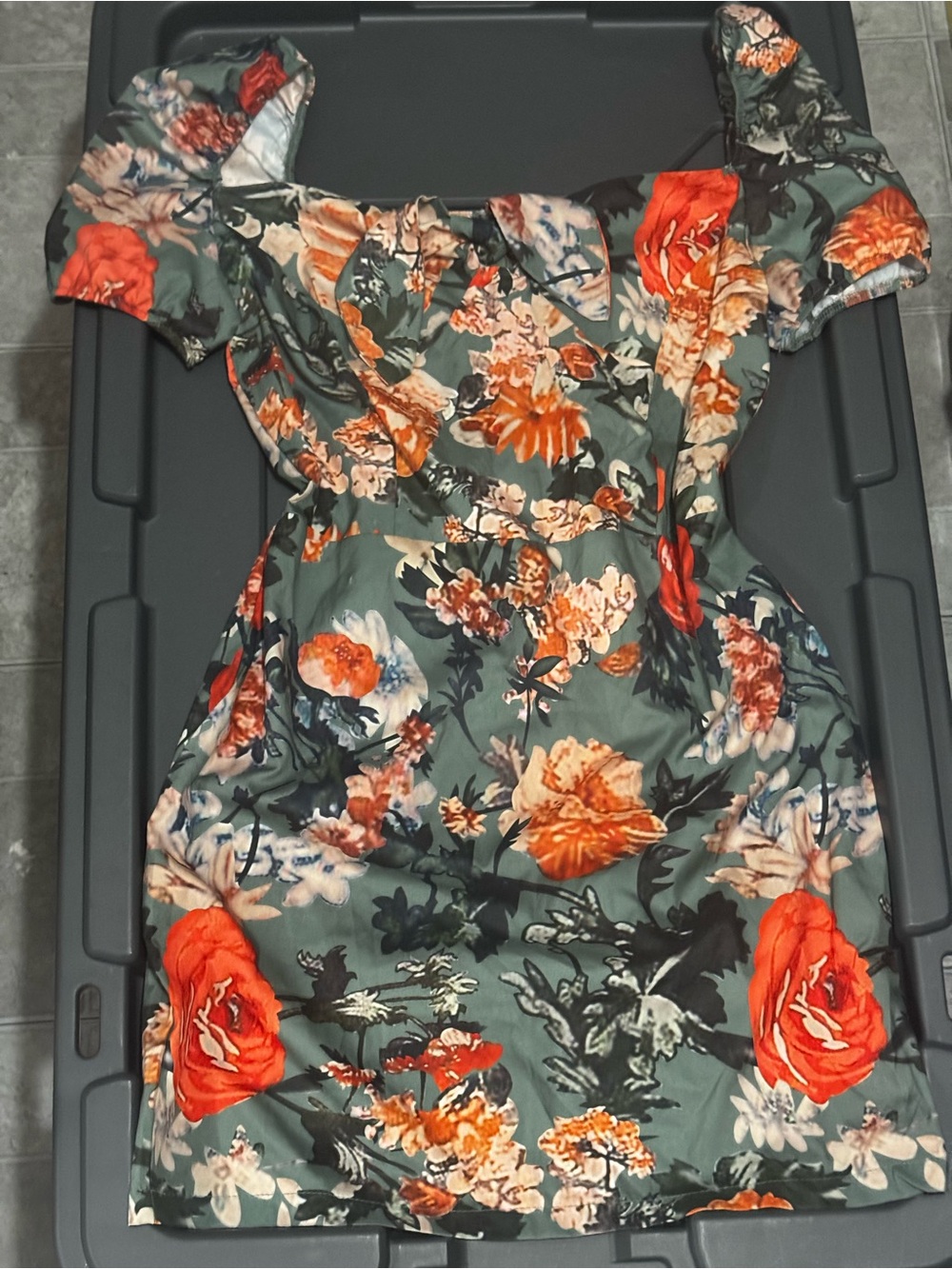 Floral Off-Shoulder Bodycon Dress - Green with Orange Bloom